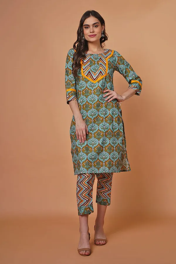 Yellow Printed Cotton Kurta set