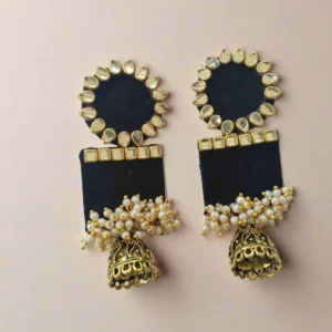Rainvas Rectangular jhumka with kundan and pearls Black
