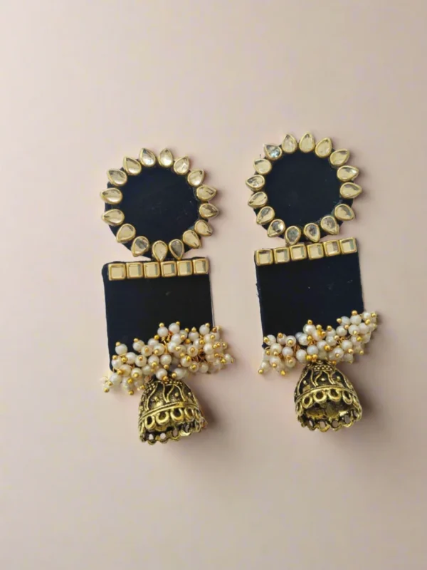 Rainvas Rectangular jhumka with kundan and pearls Black
