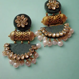 Rainvas green kundan and pearls heavy jhumka earrings
