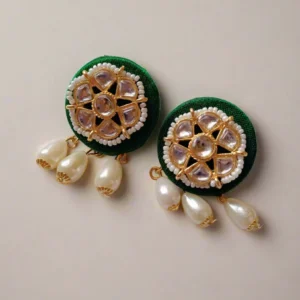 Rainvas green round kundan beads and white pearls tiny earrings
