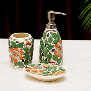 Freakway Elegant Handcrafted Ceramic Bathroom Accessory Set of 3 (Liquid Soap Dispenser, Soap Dish, Toothbrush Holder)_(Green & Red)