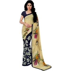 Printed Faux Georgette Blue Color Saree