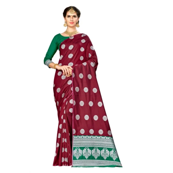 Women's Banarasi silk Saree with Blouse (Maroon, 5-6mtr)