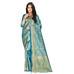 Women's Banarasi silk Saree with Blouse (Blue, 5-6mtr)