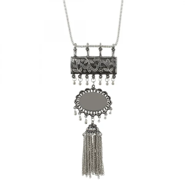 Antique Silver Half Moon Designed Tassel Necklace Set