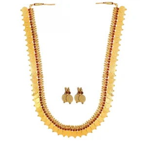 Gold Plated Copper Traditional Designer Temple Coin Necklace with Earrings