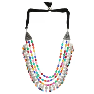 Afghani Dual Tone Designer Turkish Style Vintage Silver Oxidised Multi-Colur Beads Necklace