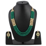 Three Layer Gold Plated Green Kundan Necklace Set with Earrings