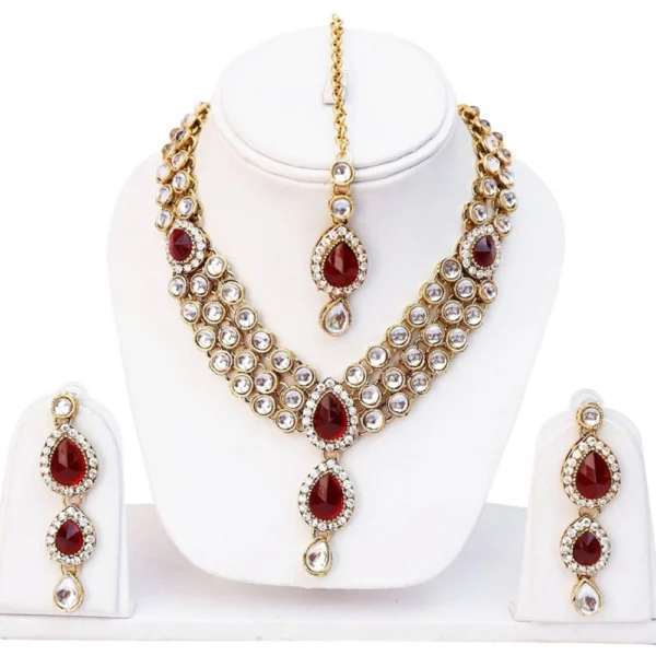 Traditional Layered Gold Plated Maroon Kundan Necklace with Earrings