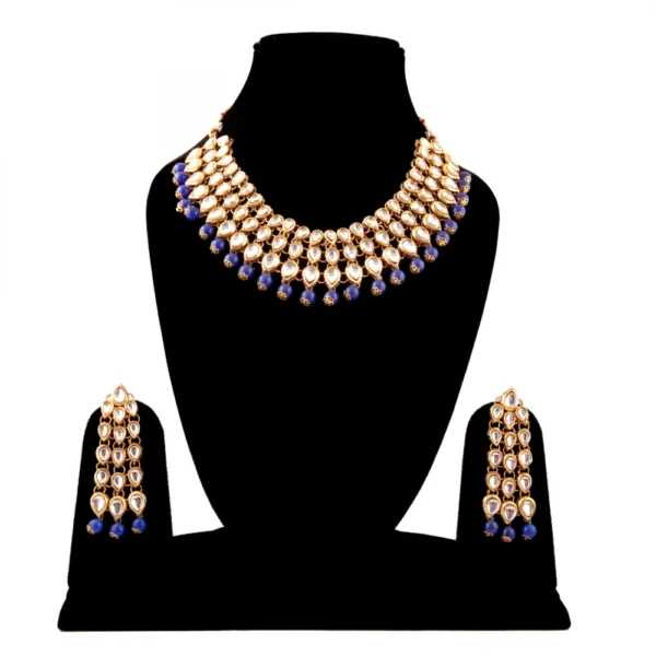 Elegant Finish Gold Plated Blue Kundan Necklace Set