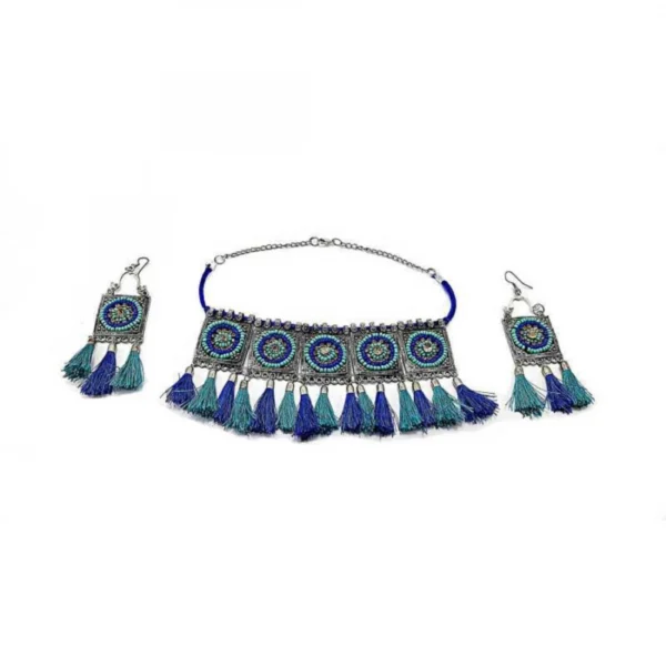 Afghani Boho Handcrafted Tassels Oxidized Silver Necklace Set