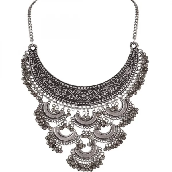 Antique Silver Half Moon Designed Tassel Necklace Set