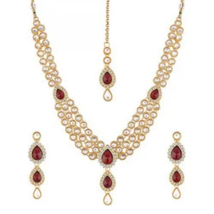 Traditional Layered Gold Plated Maroon Kundan Necklace with Earrings