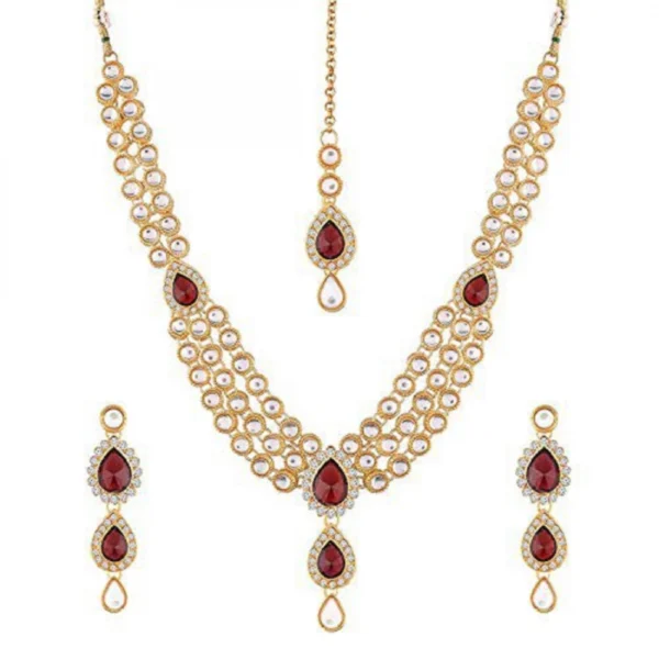 Traditional Layered Gold Plated Maroon Kundan Necklace with Earrings