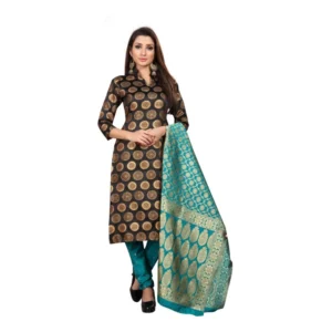 Women's Jacquard Silk Unstitched Salwar-Suit Material With Dupatta (Black,2-2.5Mtrs)