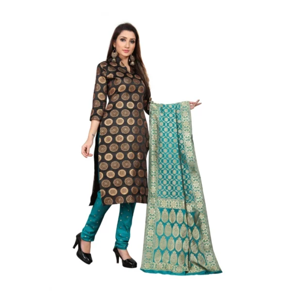 Women's Jacquard Silk Unstitched Salwar-Suit Material With Dupatta (Black,2-2.5Mtrs)