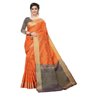 Women's Kanjivaram Silk Saree(Orange ,5-6Mtrs)