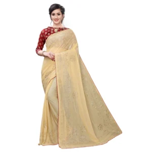 Women's Lycra Blend Saree (Beige,5-6Mtrs)