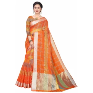Women's Cotton Blend Sarees (Orange , 5-6Mtrs)