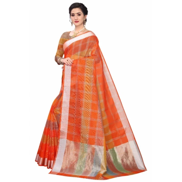 Women's Cotton Blend Sarees (Orange , 5-6Mtrs)
