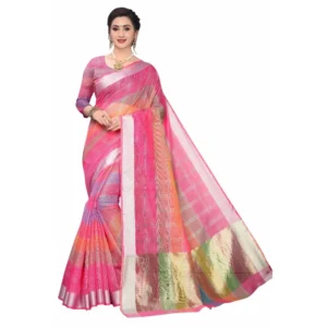 Women's Cotton Blend Sarees (Pink , 5-6Mtrs)