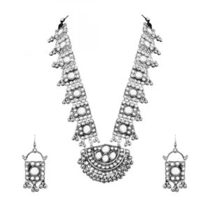 Fashion Wear Metal Mirror Work Long Silver Oxidised Necklace With Earrings Set For Women