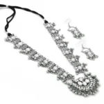 Fashion Wear Metal Mirror Work Long Silver Oxidised Necklace With Earrings Set For Women