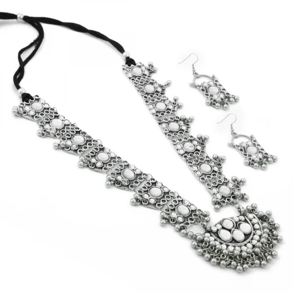 Fashion Wear Metal Mirror Work Long Silver Oxidised Necklace With Earrings Set For Women