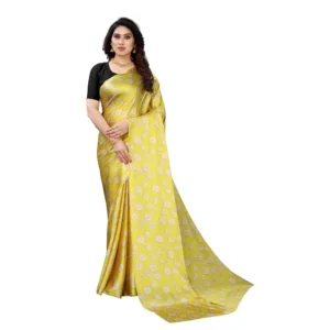 Women's Soft Japan Satin Saree With Blouse (Yellow, 5-6Mtrs)
