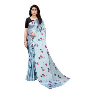Women's Soft Japan Satin Saree With Blouse (Light Blue, 5-6Mtrs)