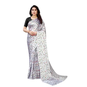 Women's Soft Japan Satin Saree With Blouse (White, 5-6Mtrs)