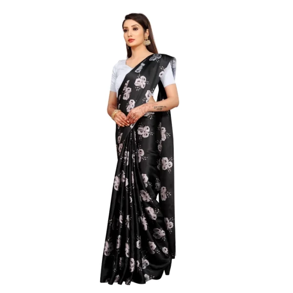 Women's Soft Japan Satin Saree With Blouse (Black, 5-6Mtrs)