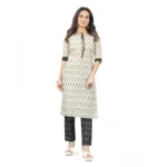 Women's Cotton Embroidery Straight Kurti Set(White)