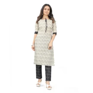 Women's Cotton Embroidery Straight Kurti Set(White)