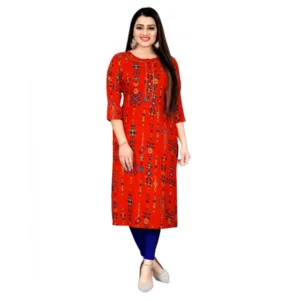 Women's Rayon Foil Printed Straight Kurti (Orange)