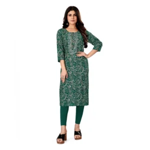 Women's Rayon Foil Printed Straight Kurti (Green)