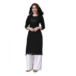 Women's Rayon Lace Straight Kurti (Black)