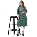 Women's Cotton Embroidery Straight Kurti (Green)