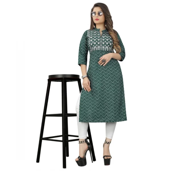 Women's Cotton Embroidery Straight Kurti (Green)