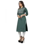 Women's Cotton Embroidery Straight Kurti (Green)