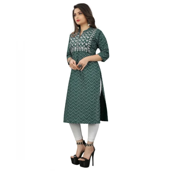 Women's Cotton Embroidery Straight Kurti (Green)