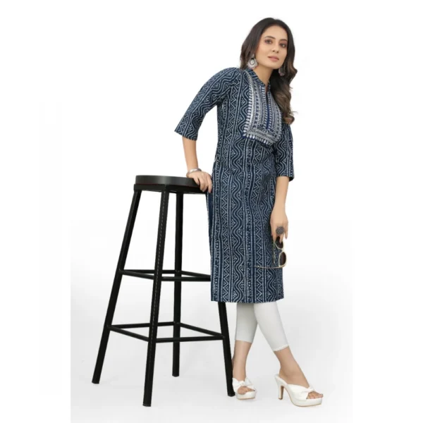 Women's Cotton Embroidery Straight Kurti (Blue)