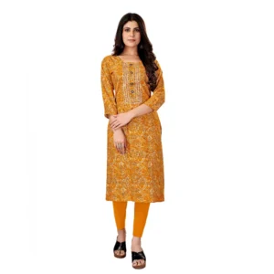 Women's Rayon Foil Printed Straight Kurti (Yellow)