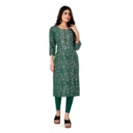 Women's Rayon Foil Printed Straight Kurti (Green)