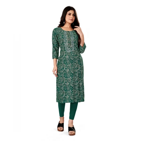 Women's Rayon Foil Printed Straight Kurti (Green)