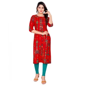 Women's Rayon Foil Printed Straight Kurti (Red)