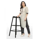 Women's Cotton Embroidery Straight Kurti Set(White)