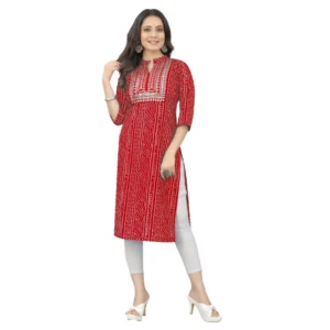 Women's Cotton Embroidery Straight Kurti (Red)