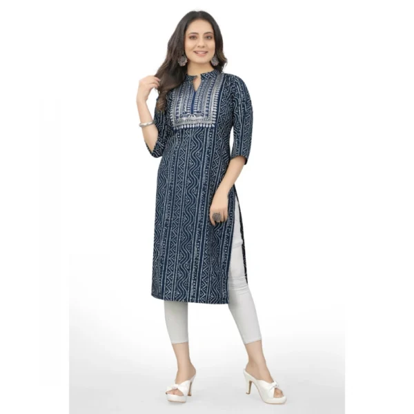 Women's Cotton Embroidery Straight Kurti (Blue)